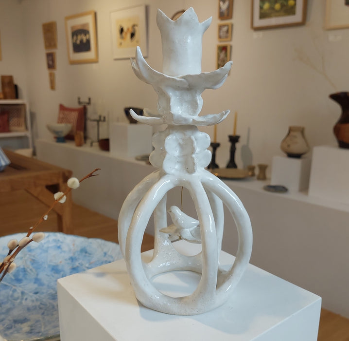 White candle holder with bird