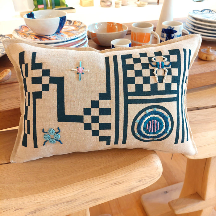 Cushion in Beige with Geometric Green print - M