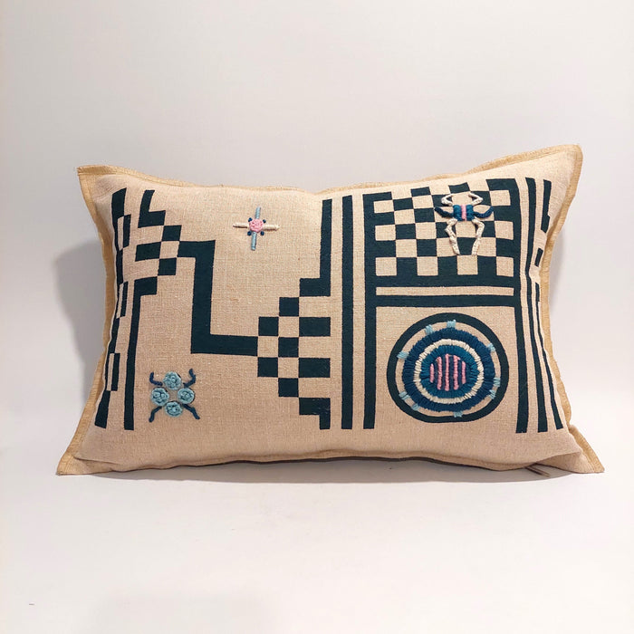 Cushion in Beige with Geometric Green print - M