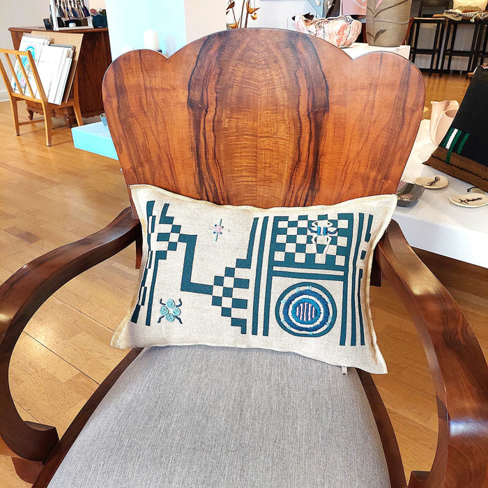 Cushion in Beige with Geometric Green print - M