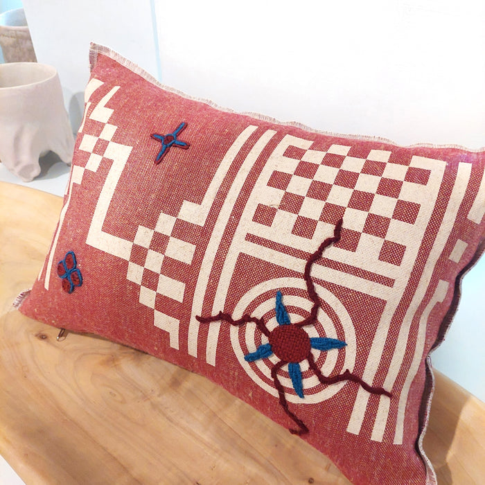 Cushion in Red with Geometric off-white print - M