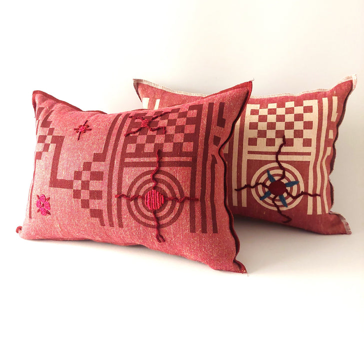 Cushion in Red with Geometric Burgundy print - M