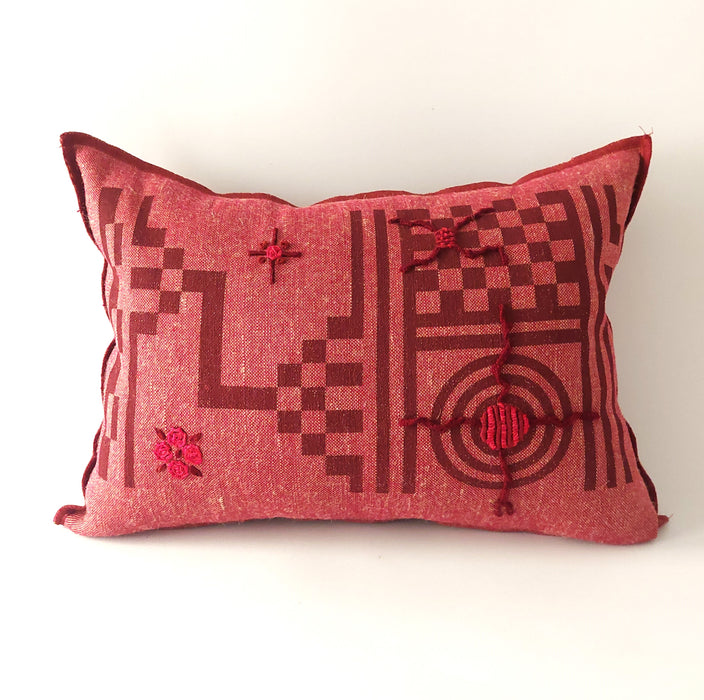 Cushion in Red with Geometric Burgundy print - M