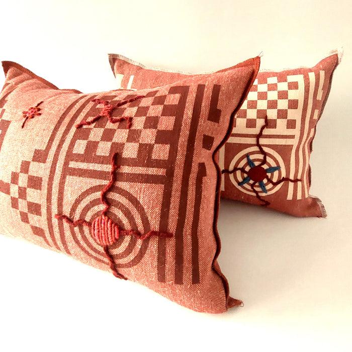 Cushion in Red with Geometric Burgundy print - M