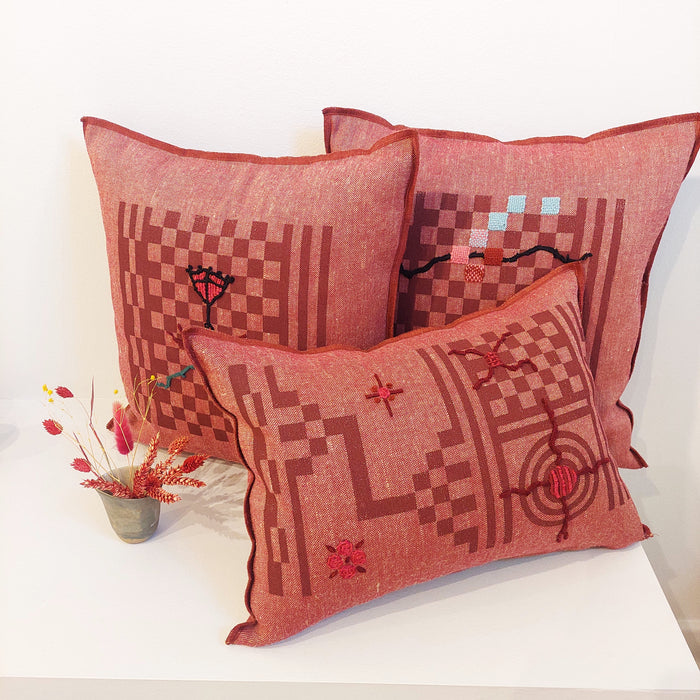 Cushion in Red with Geometric burgundy print - L