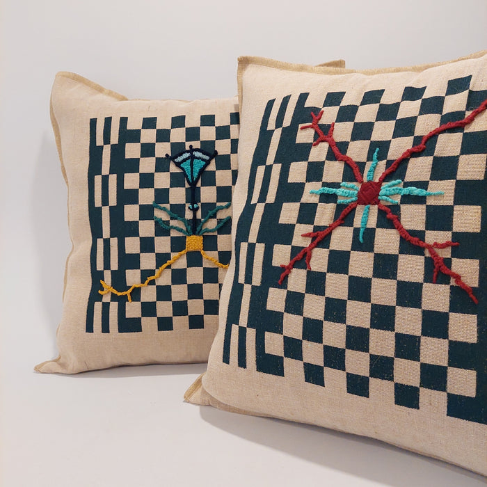 Cushion in Beige with Geometrical Green print - L