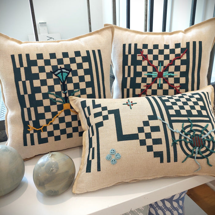 Cushion in Beige with Geometric Green print - M