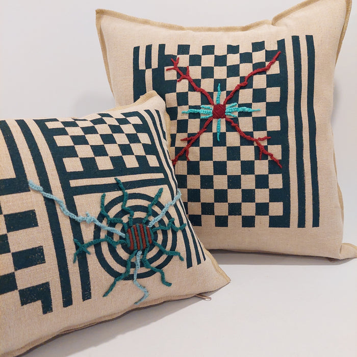 Cushion in Beige with Geometric Green print - M