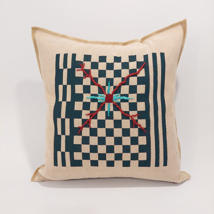 Cushion in Beige with Geometrical Green print - L