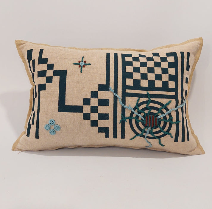 Cushion in Beige with Geometric Green print - M