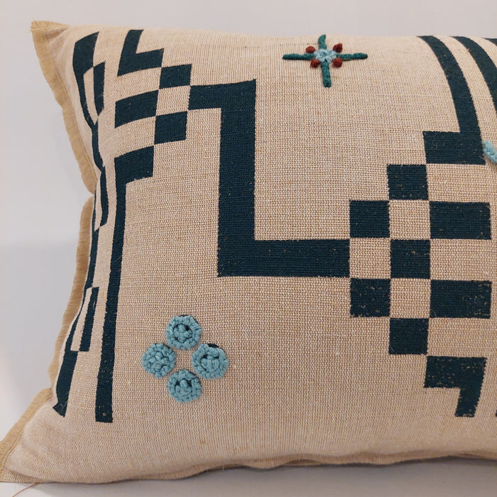 Cushion in Beige with Geometric Green print - M