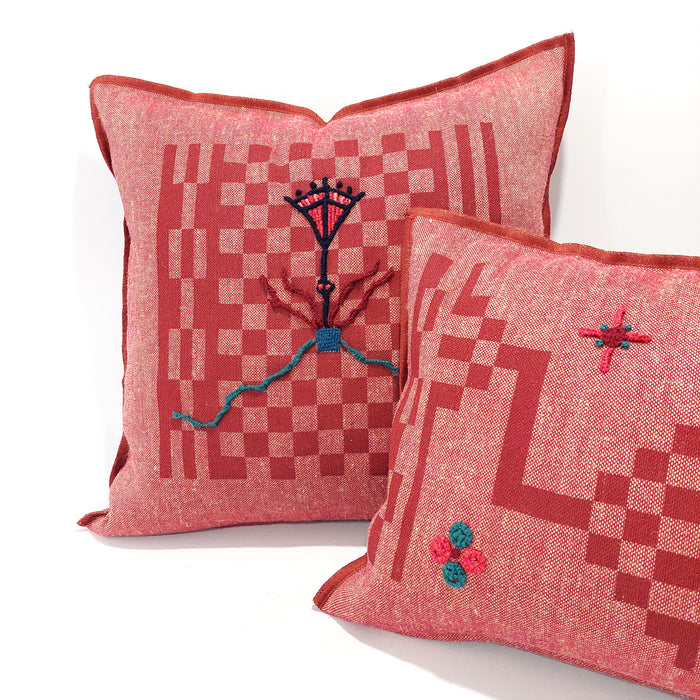 Cushion in Red with Geometric burgundy print - L