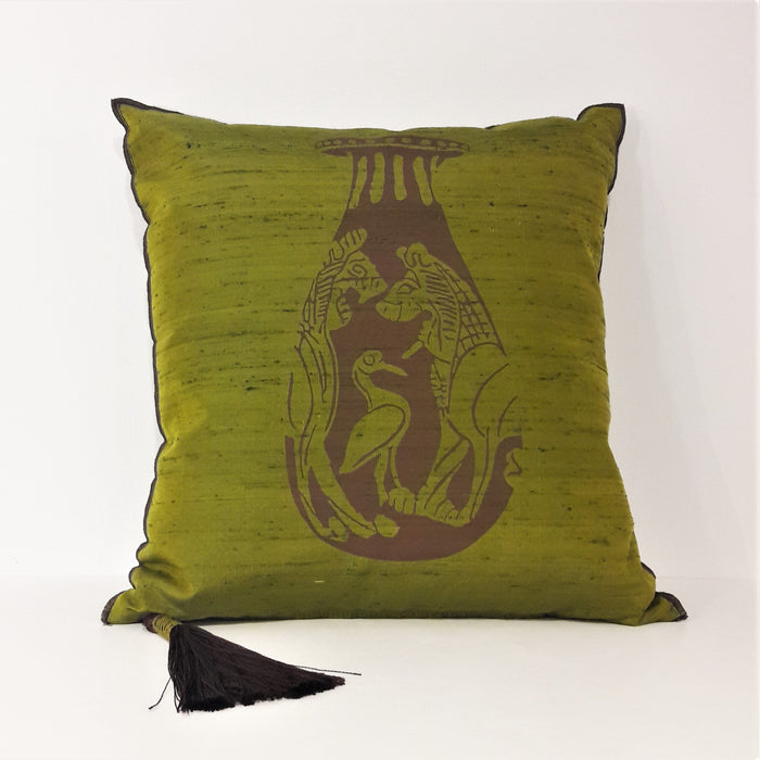 Silk cushion with alabastron print / Olive Green