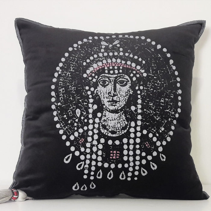 Velvet Cushion Cover / Byzantine Empress Theodora in Dark Grey