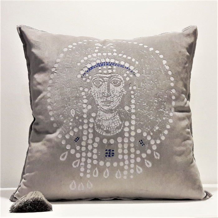 Velvet Cushion Cover / Byzantine Empress Theodora in Light Grey